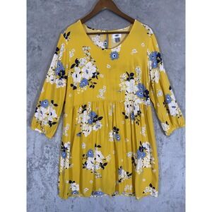 Old Navy Dress Womens‎ Sz L Yellow Floral 3/4 Sleeve Pockets Keyhole Back Flowy